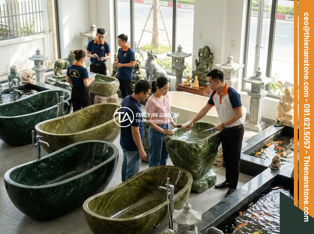 Báo Giá Thi Công Bồn Tắm Đá Tự Nhiên Trọn Gói Tại Đá Cảnh Thiên An - Showroom of Da Canh Thien An displaying various natural stone bathtubs, stone ga