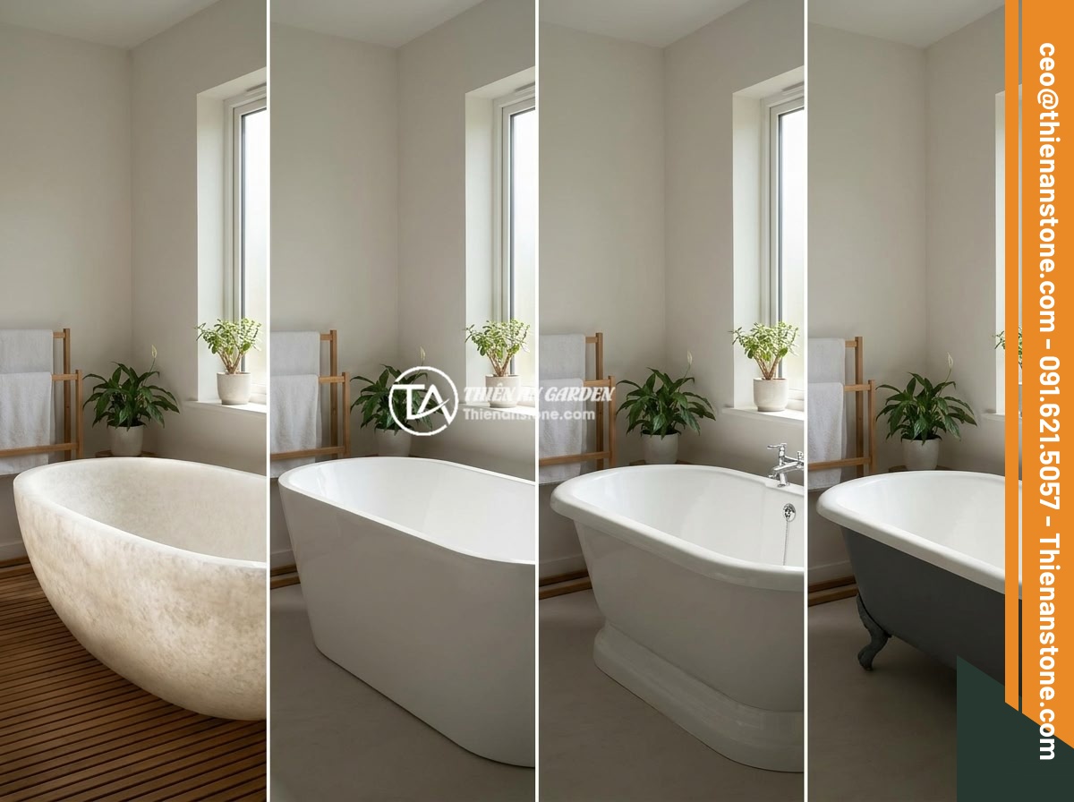 Báo Giá Thi Công Bồn Tắm Đá Tự Nhiên Trọn Gói Tại Đá Cảnh Thiên An - Side-by-side comparison of bathtubs made from different materials: natural marbl