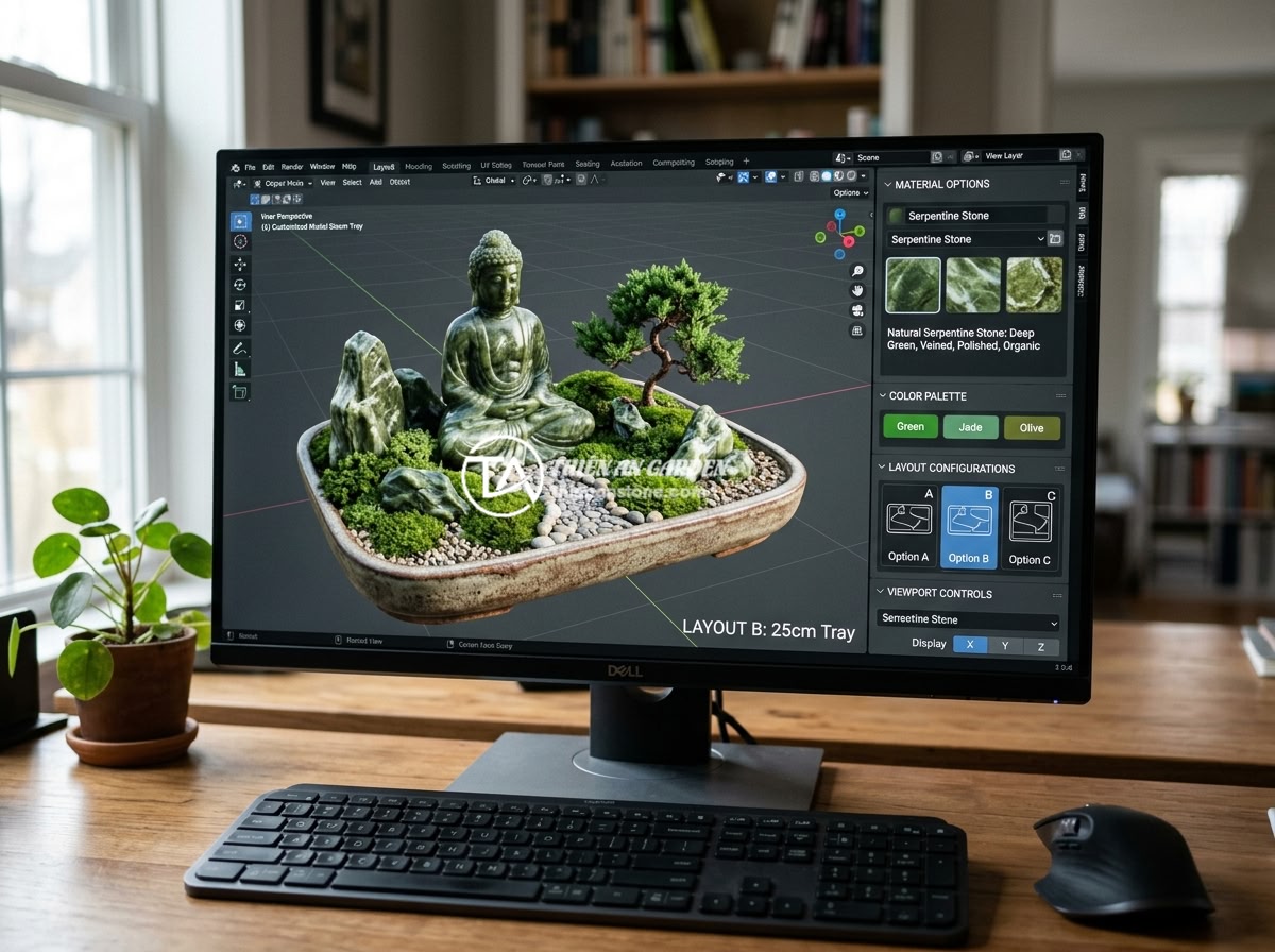 Báo Giá Thi Công Tiểu Cảnh Tượng Phật Đá Tự Nhiên Theo Yêu Cầu 2026 - A digital 3D rendering mockup of a customized Buddha statue miniature landscape 
