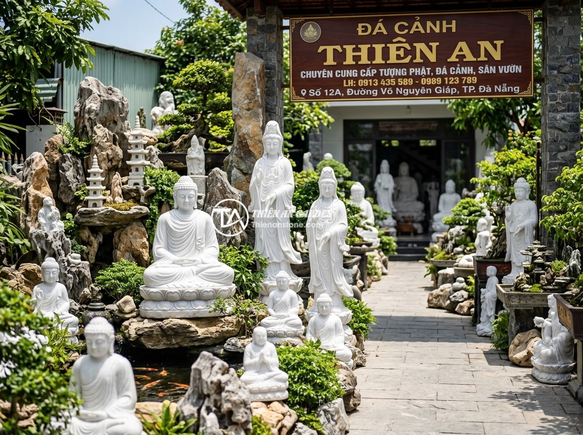 Báo Giá Thi Công Tiểu Cảnh Tượng Phật Đá Tự Nhiên Theo Yêu Cầu 2026 - The exterior showroom of Da Canh Thien An stone landscaping company with various
