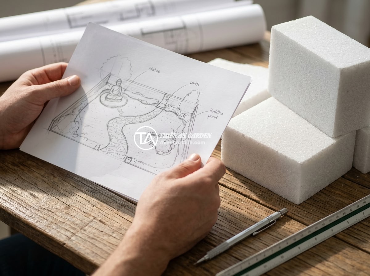 Báo Giá Thi Công Tiểu Cảnh Tượng Phật Đá Tự Nhiên Theo Yêu Cầu 2026 - A step-by-step visual guide showing the professional process of constructing a B