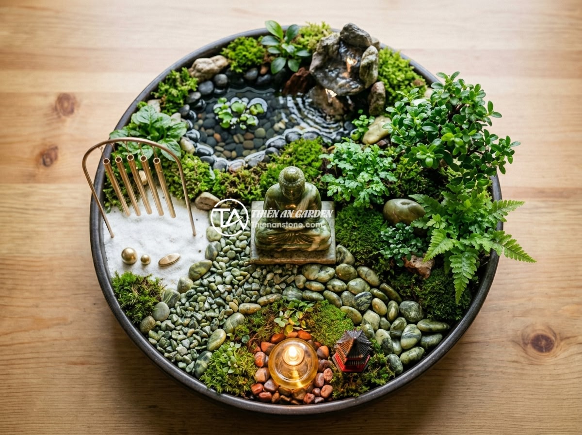 Báo Giá Thi Công Tiểu Cảnh Tượng Phật Đá Tự Nhiên Theo Yêu Cầu 2026 - A top-down aerial view of a feng shui-optimized Buddha statue miniature landscap