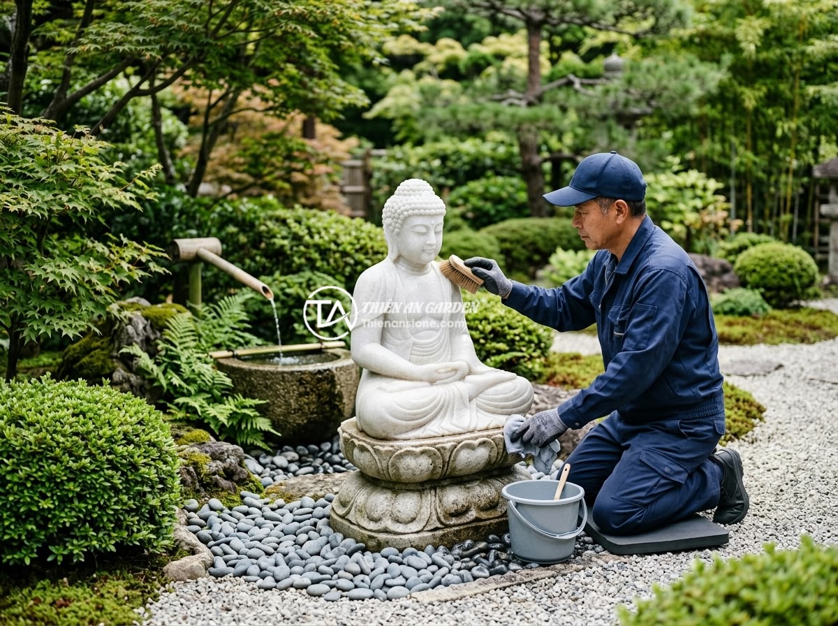 Báo Giá Thi Công Tiểu Cảnh Tượng Phật Đá Tự Nhiên Theo Yêu Cầu 2026 - A maintenance worker carefully cleaning a natural stone Buddha statue in a garde