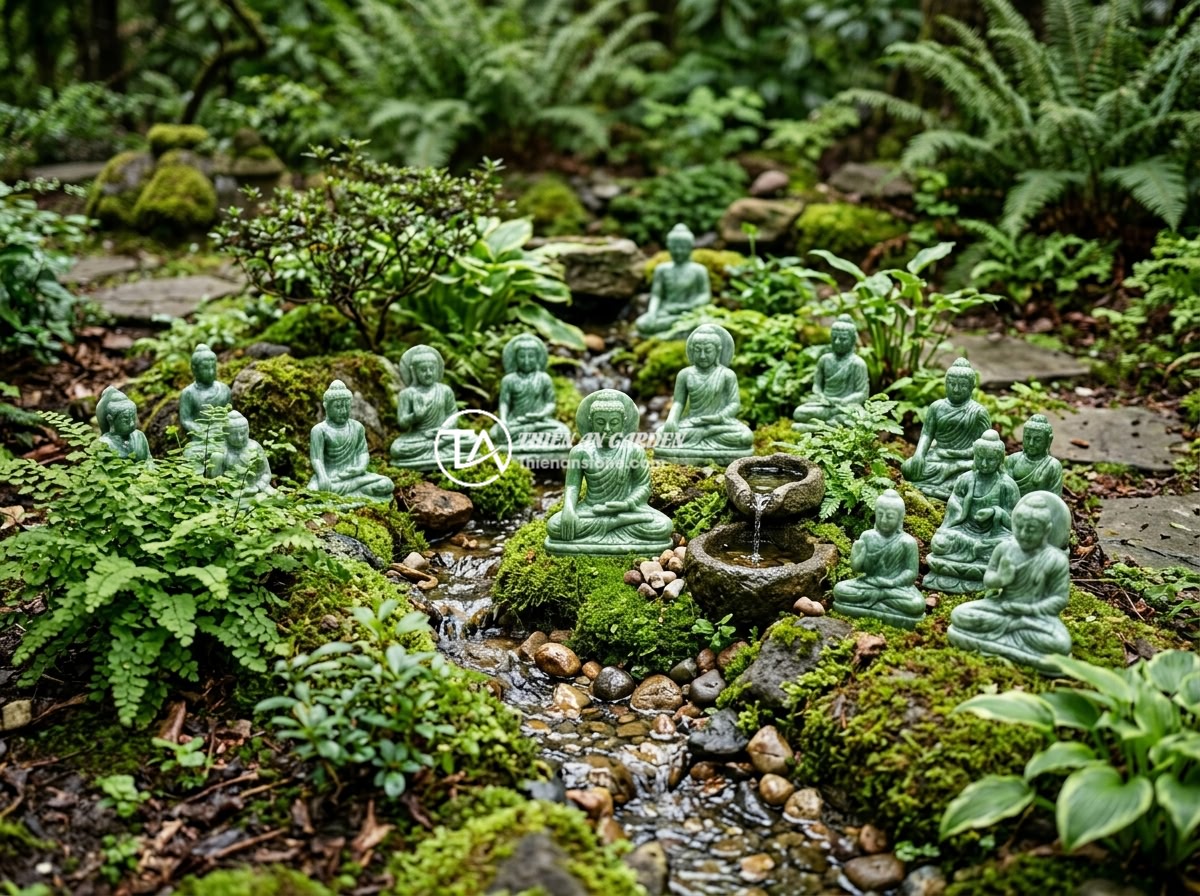 Báo Giá Tượng Phật Mini Trang Trí Tiểu Cảnh Đá Tự Nhiên 2026 Mới Nhất - A collection of miniature natural stone Buddha statues arranged in a lush green