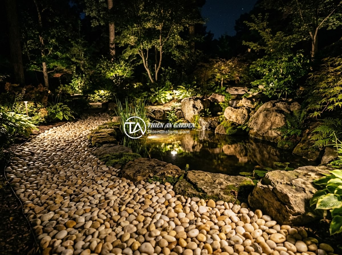 Bí quyết chọn đèn sân vườn tạo điểm nhấn cho tiểu cảnh đá về đêm - A beautifully lit natural stone garden landscape at night with warm ambient ligh