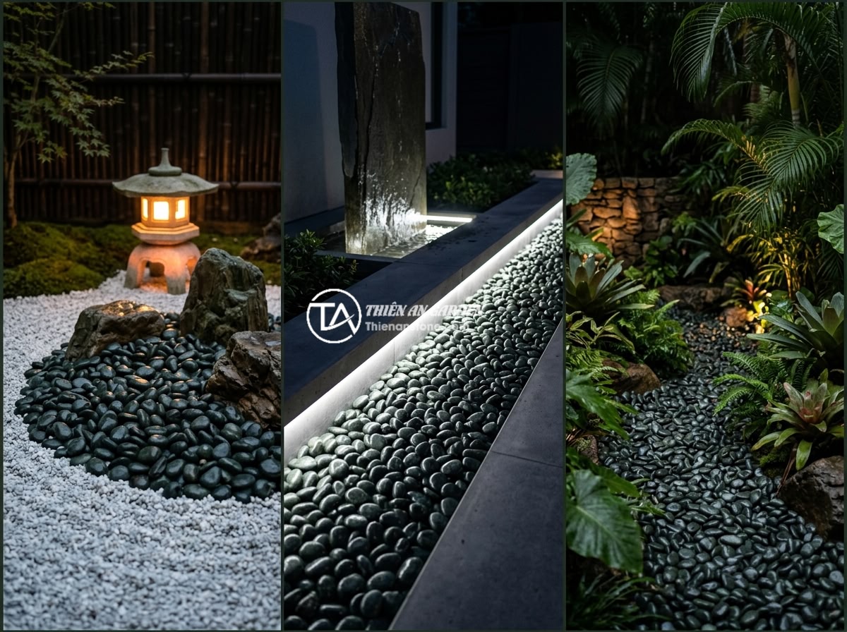 Bí quyết chọn đèn sân vườn tạo điểm nhấn cho tiểu cảnh đá về đêm - Hình 10 Bí quyết chọn đèn sân vườn tạo điểm nhấn cho tiểu cảnh đá về đêm - Three side-by-side nighttime garden scenes showing Japanese zen stone garden wit