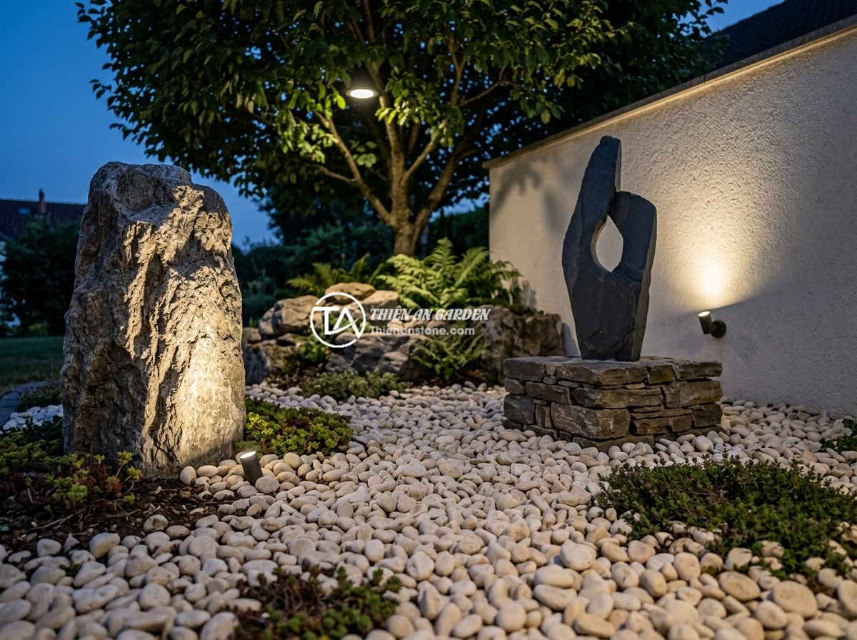 Bí quyết chọn đèn sân vườn tạo điểm nhấn cho tiểu cảnh đá về đêm - Hình 4 Bí quyết chọn đèn sân vườn tạo điểm nhấn cho tiểu cảnh đá về đêm - Professional landscape lighting techniques demonstrated on a stone garden featur