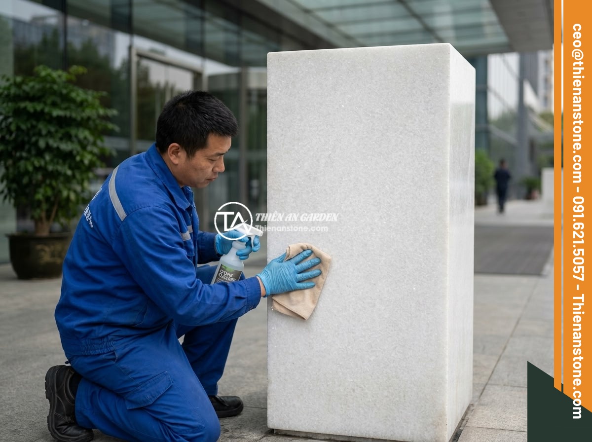 Bí quyết thiết kế bảng hiệu đá tự nhiên thu hút khách hàng ngay từ cái nhìn đầu tiên - Hình 10 Bí quyết thiết kế bảng hiệu đá tự nhiên thu hút khách hàng ngay từ cái nhìn đầu tiên - Maintenance worker carefully cleaning and polishing a large natural stone signag