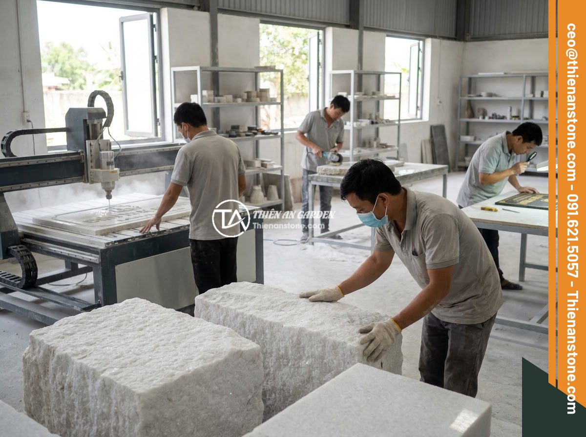 Bí quyết thiết kế bảng hiệu đá tự nhiên thu hút khách hàng ngay từ cái nhìn đầu tiên - Hình 12 Bí quyết thiết kế bảng hiệu đá tự nhiên thu hút khách hàng ngay từ cái nhìn đầu tiên - Professional stone craftsman workshop showing various stages of natural stone si
