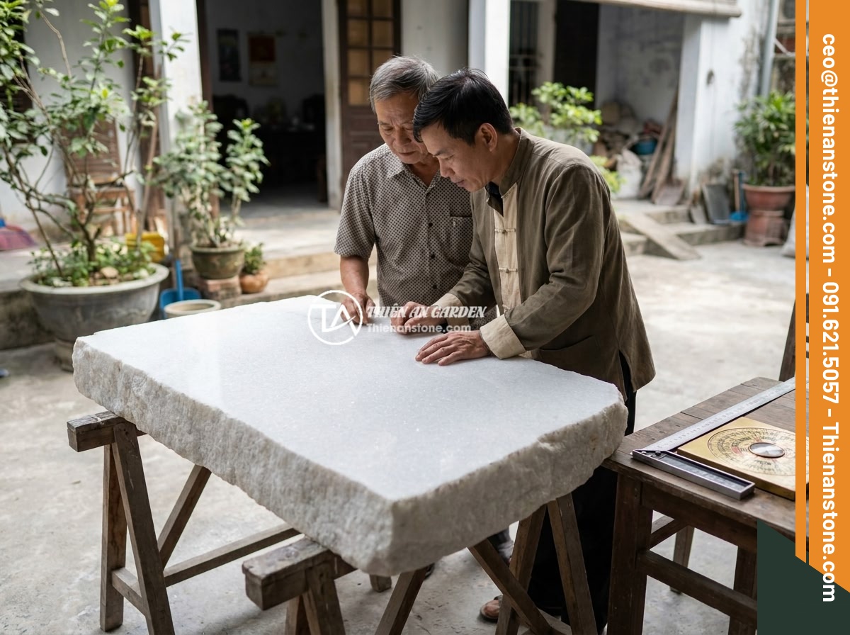 Bí quyết thiết kế bảng hiệu đá tự nhiên thu hút khách hàng ngay từ cái nhìn đầu tiên - Hình 6 Bí quyết thiết kế bảng hiệu đá tự nhiên thu hút khách hàng ngay từ cái nhìn đầu tiên - Feng shui consultation scene showing a Vietnamese business owner and a feng shui