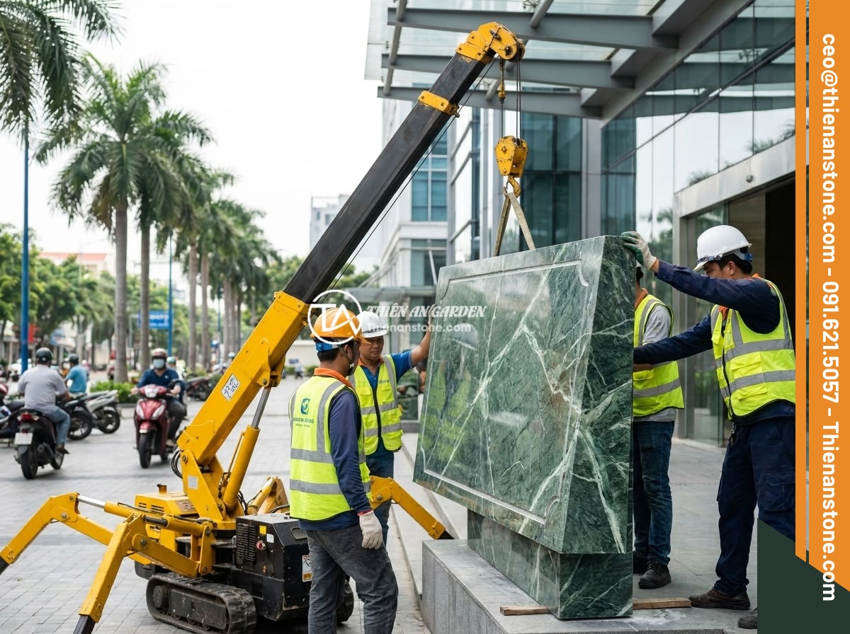 Bí quyết thiết kế bảng hiệu đá tự nhiên thu hút khách hàng ngay từ cái nhìn đầu tiên - Hình 8 Bí quyết thiết kế bảng hiệu đá tự nhiên thu hút khách hàng ngay từ cái nhìn đầu tiên - Professional installation team using a small crane to position a large carved gr