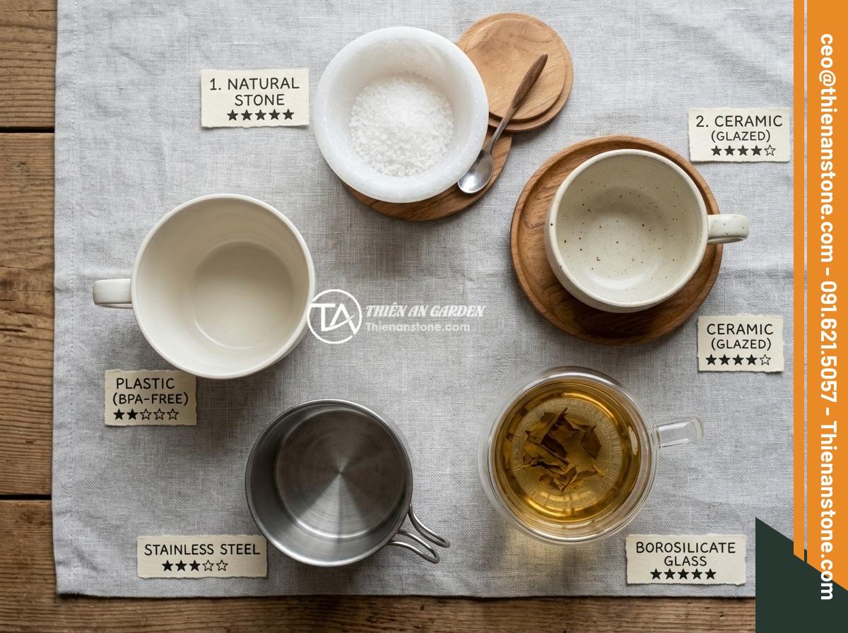 Bộ ấm chén đá có độc không? Sự thật về an toàn sức khỏe khi sử dụng - An artistic flat-lay comparison of different tea set materials arranged in a cir