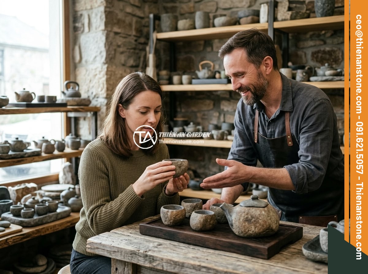 Bộ ấm chén đá có độc không? Sự thật về an toàn sức khỏe khi sử dụng - A customer in a stone craft showroom carefully selecting a natural stone tea set