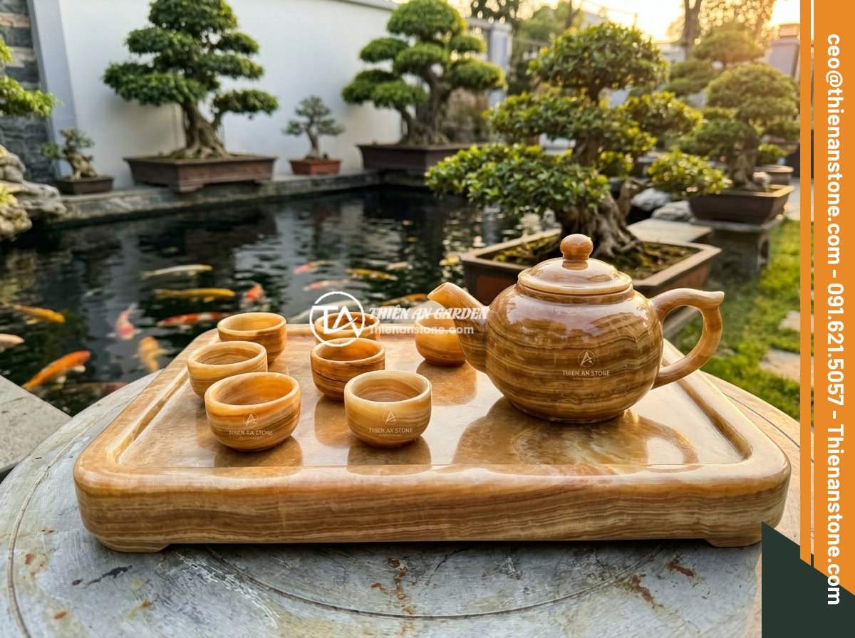 Bộ ấm chén đá có độc không? Sự thật về an toàn sức khỏe khi sử dụng - A premium natural stone tea set displayed beautifully with the Thien An Stone br