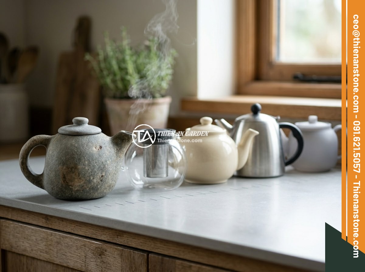Bộ ấm chén đá có độc không? Sự thật về an toàn sức khỏe khi sử dụng - A scientific comparison infographic showing safety levels of different teapot ma