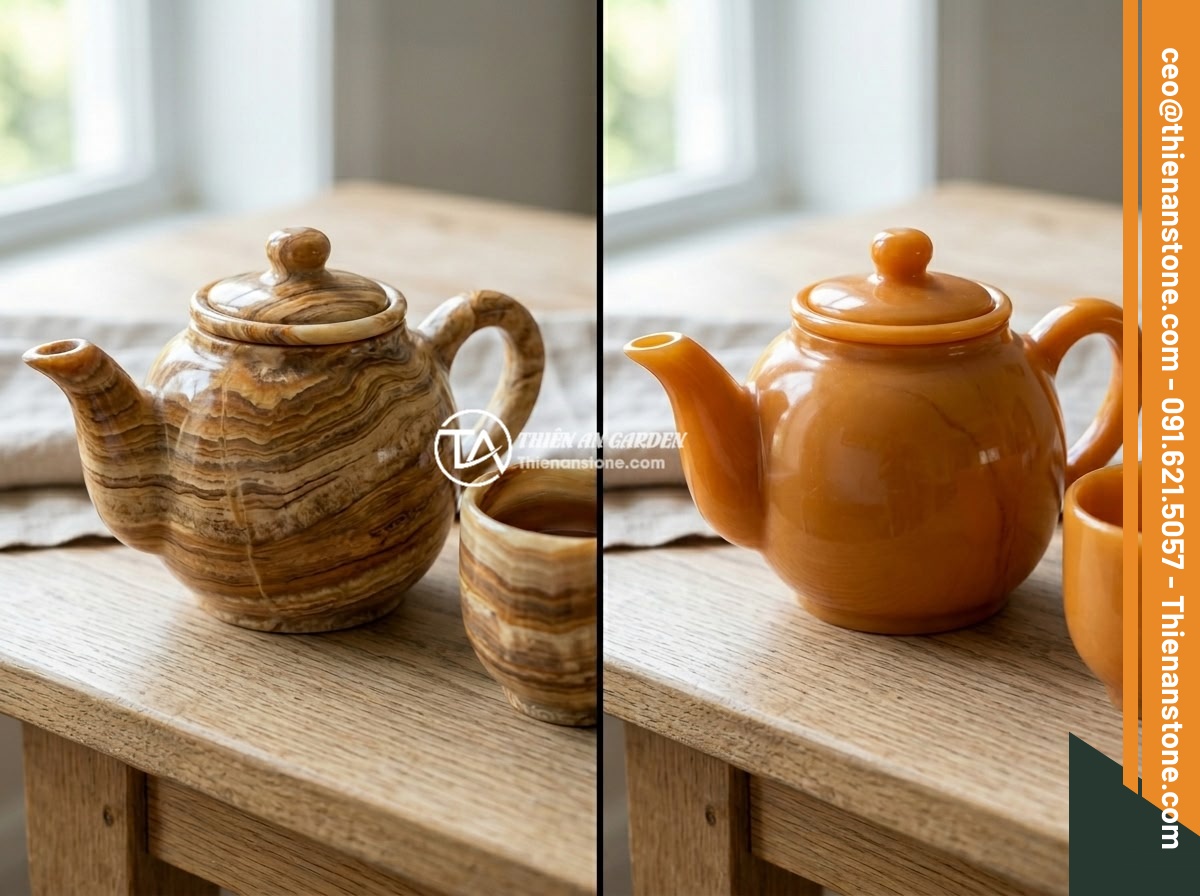 Bộ ấm chén đá có độc không? Sự thật về an toàn sức khỏe khi sử dụng - Comparison between authentic natural stone tea set and fake chemical-treated sto