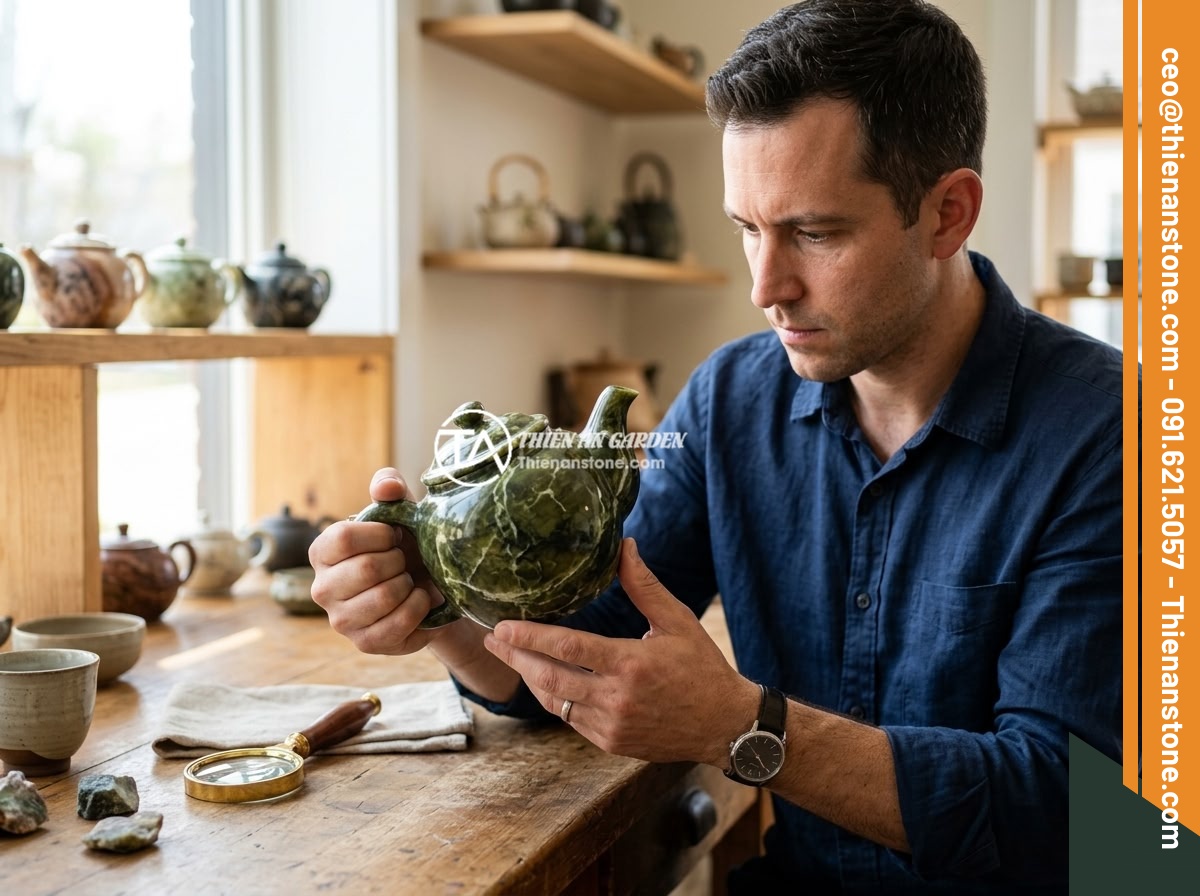 Bộ ấm chén đá có độc không? Sự thật về an toàn sức khỏe khi sử dụng - A person carefully inspecting a natural stone teapot under bright light, examini