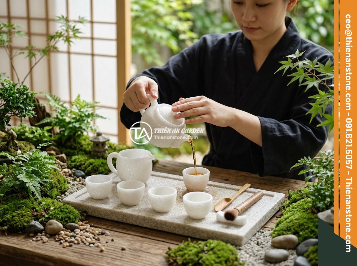 Bộ ấm chén đá có độc không? Sự thật về an toàn sức khỏe khi sử dụng - An elegant tea ceremony scene with a complete natural stone tea set on a stone t