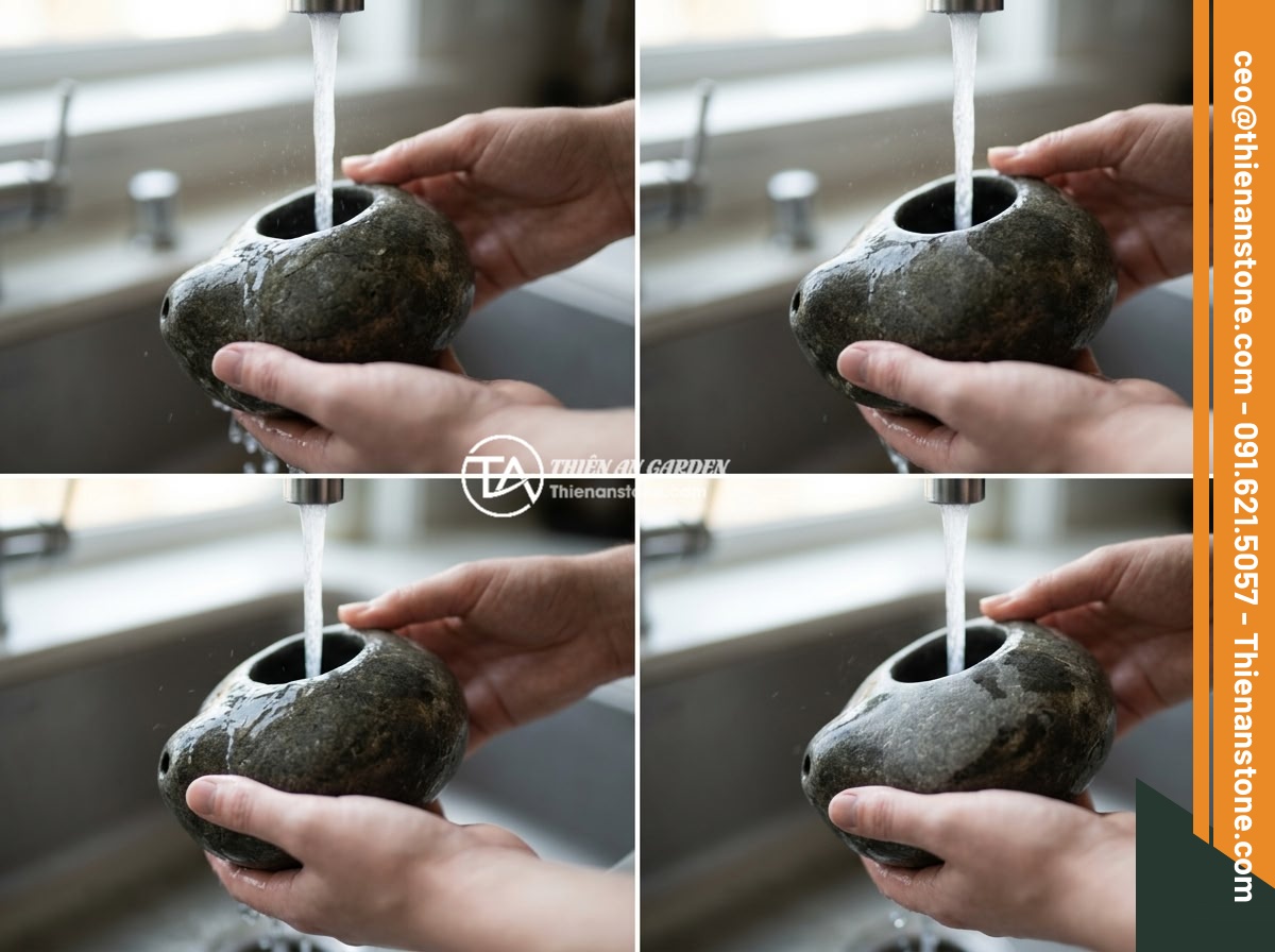 Bộ ấm chén đá có độc không? Sự thật về an toàn sức khỏe khi sử dụng - Step-by-step care guide for natural stone tea sets, showing hands washing a ston