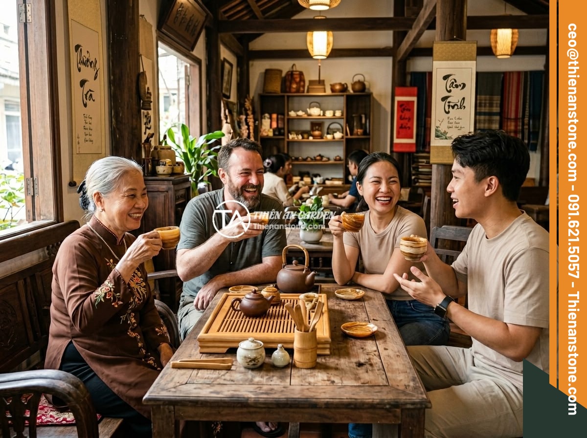 Bộ ấm chén đá có độc không? Sự thật về an toàn sức khỏe khi sử dụng - A group of tea enthusiasts enjoying tea from natural stone tea cups in a traditi