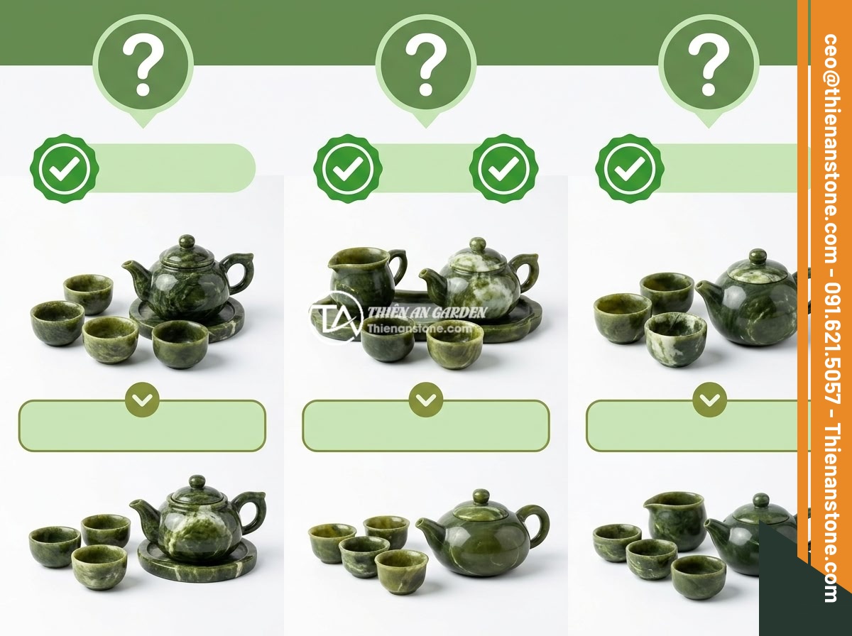 Bộ ấm chén đá có độc không? Sự thật về an toàn sức khỏe khi sử dụng - A FAQ-style layout showing various natural stone tea sets with question marks an
