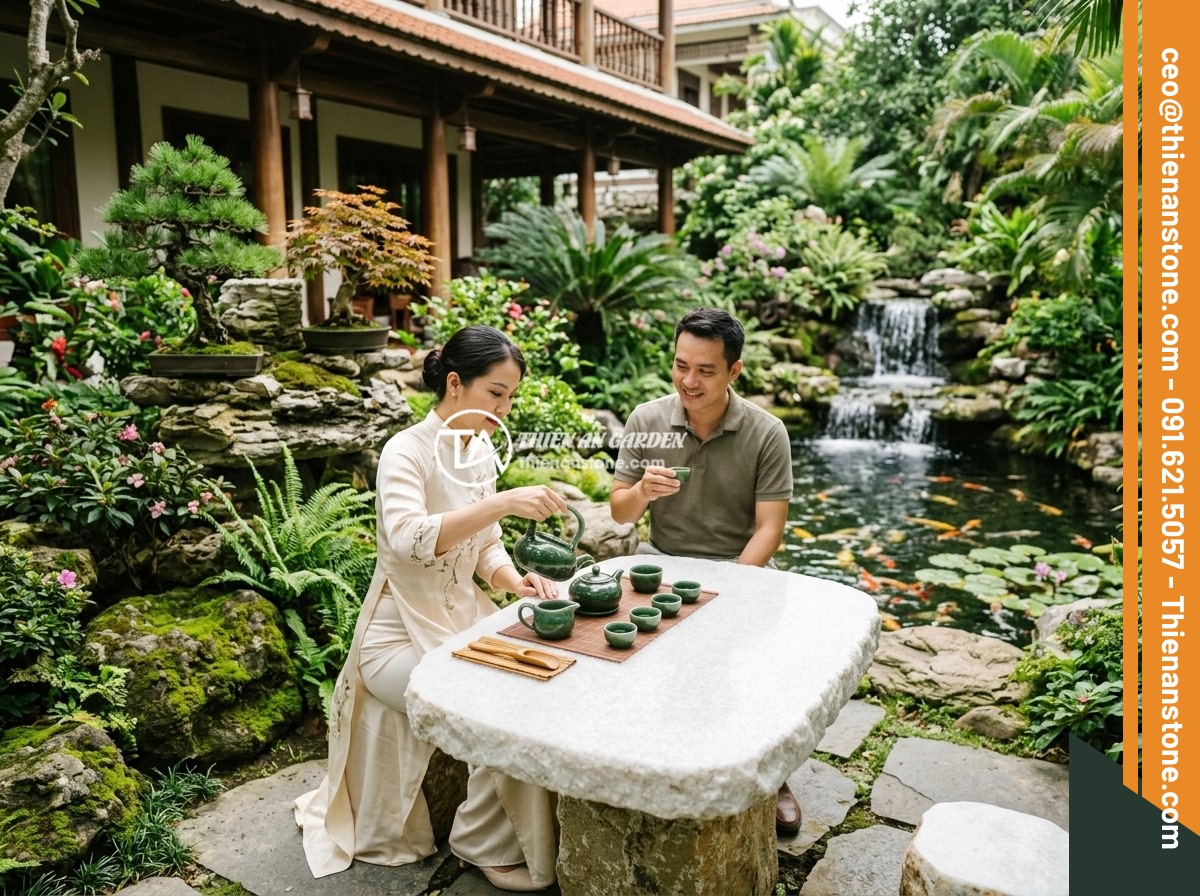 Bộ ấm chén đá ngọc: Ý nghĩa phong thủy, tài lộc và cách nhận biết chất lượng - Hình 11 Bộ ấm chén đá ngọc: Ý nghĩa phong thủy, tài lộc và cách nhận biết chất lượng - Beautiful outdoor tea ceremony space in a Vietnamese luxury villa garden with ja
