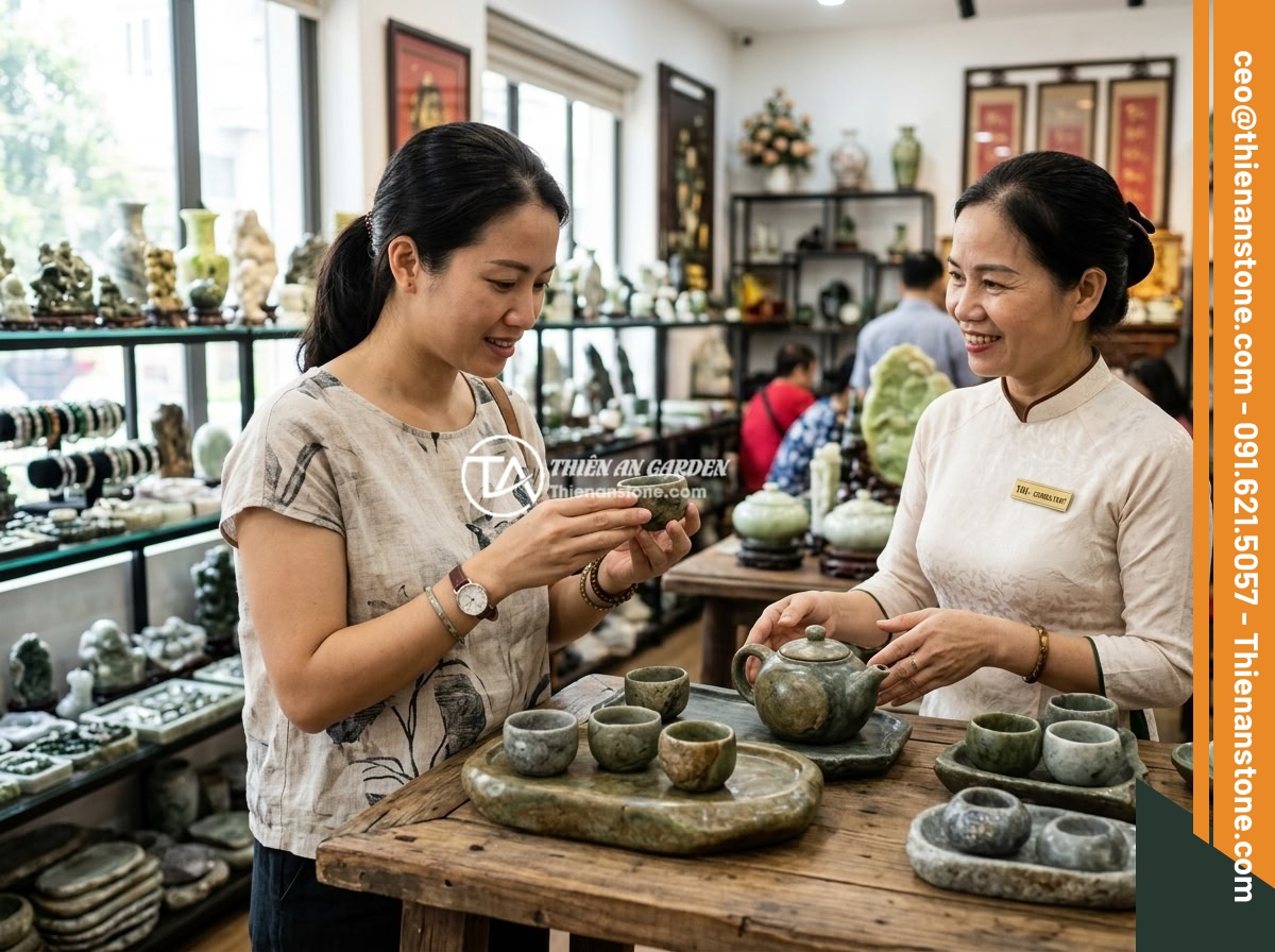 Bộ ấm chén đá ngọc: Ý nghĩa phong thủy, tài lộc và cách nhận biết chất lượng - Hình 12 Bộ ấm chén đá ngọc: Ý nghĩa phong thủy, tài lộc và cách nhận biết chất lượng - Customer choosing a jade tea set at a reputable natural stone showroom in Vietna