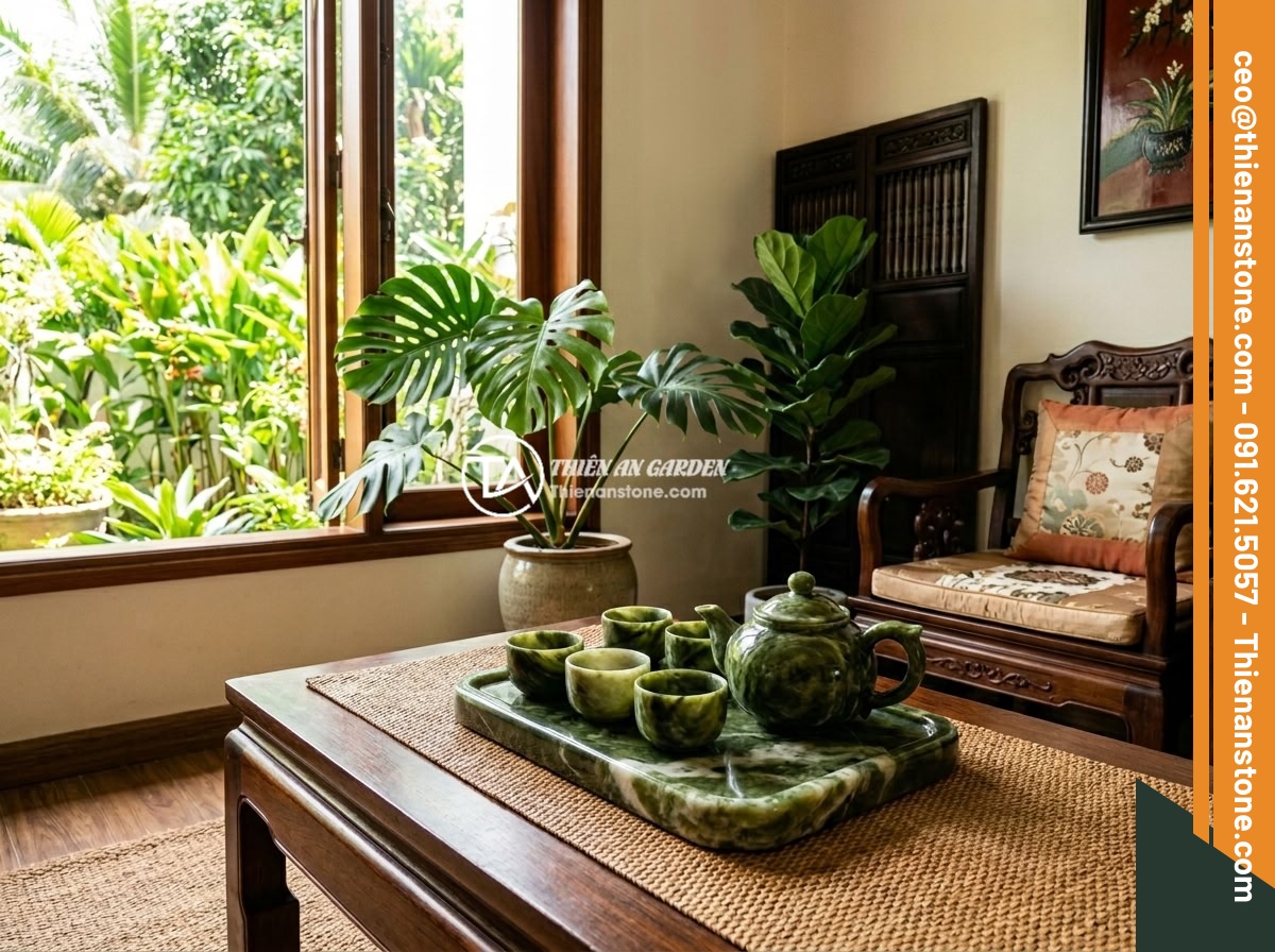 Bộ ấm chén đá ngọc: Ý nghĩa phong thủy, tài lộc và cách nhận biết chất lượng - Hình 2 Bộ ấm chén đá ngọc: Ý nghĩa phong thủy, tài lộc và cách nhận biết chất lượng - Feng shui arrangement of a jade stone tea set placed in a living room at the sou