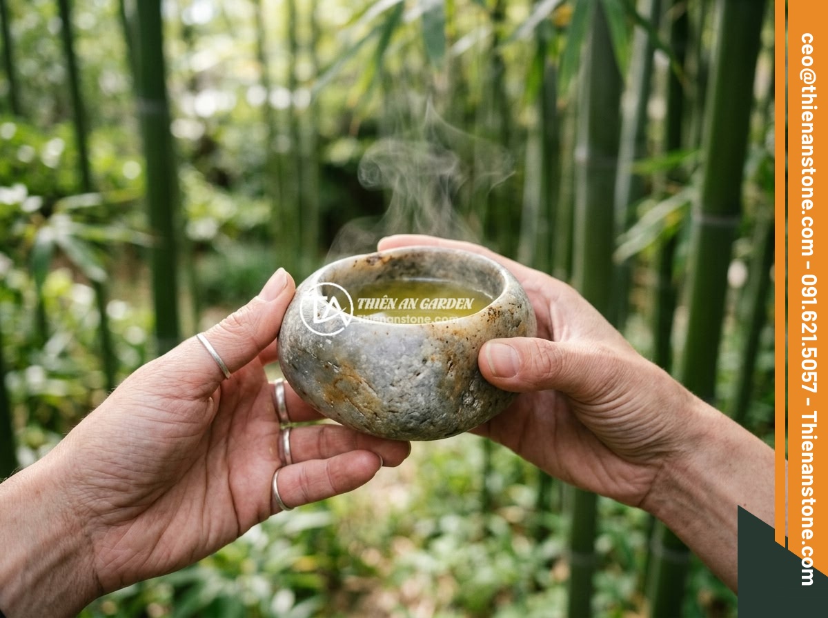Bộ ấm chén đá ngọc: Ý nghĩa phong thủy, tài lộc và cách nhận biết chất lượng - Hình 4 Bộ ấm chén đá ngọc: Ý nghĩa phong thủy, tài lộc và cách nhận biết chất lượng - Close-up of hands holding a translucent jade tea cup filled with green tea, stea