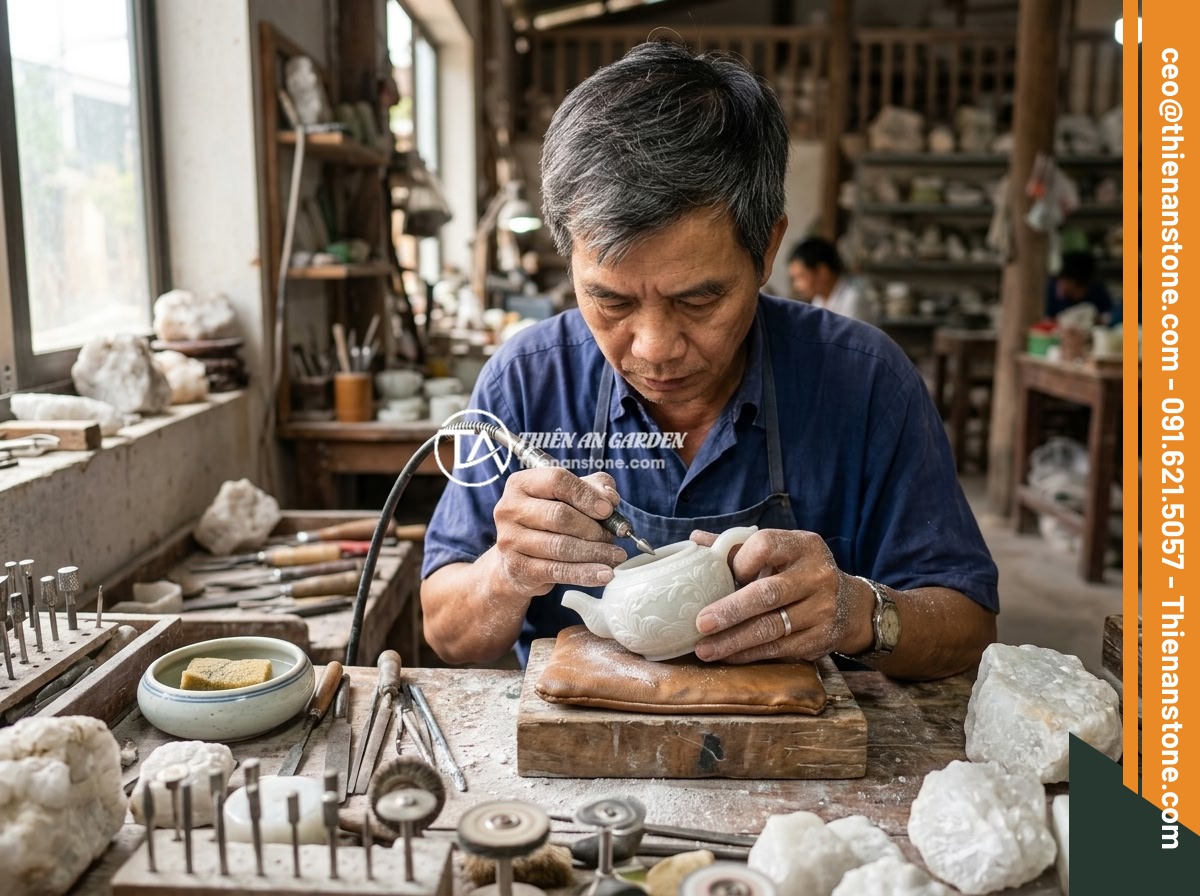 Bộ ấm chén đá ngọc: Ý nghĩa phong thủy, tài lộc và cách nhận biết chất lượng - Hình 7 Bộ ấm chén đá ngọc: Ý nghĩa phong thủy, tài lộc và cách nhận biết chất lượng - Vietnamese artisan carefully carving and polishing a jade stone teapot by hand u
