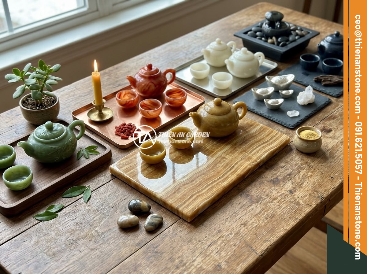 Bộ ấm chén đá ngọc: Ý nghĩa phong thủy, tài lộc và cách nhận biết chất lượng - Hình 9 Bộ ấm chén đá ngọc: Ý nghĩa phong thủy, tài lộc và cách nhận biết chất lượng - Five different jade tea sets arranged by feng shui elements (Wood, Fire, Earth,