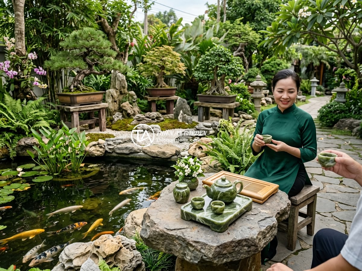Bộ ấm chén đá quý tự nhiên - Tổng quan các loại đá và giá trị thẩm mỹ - A serene outdoor tea drinking corner in a luxury Vietnamese garden with a natura