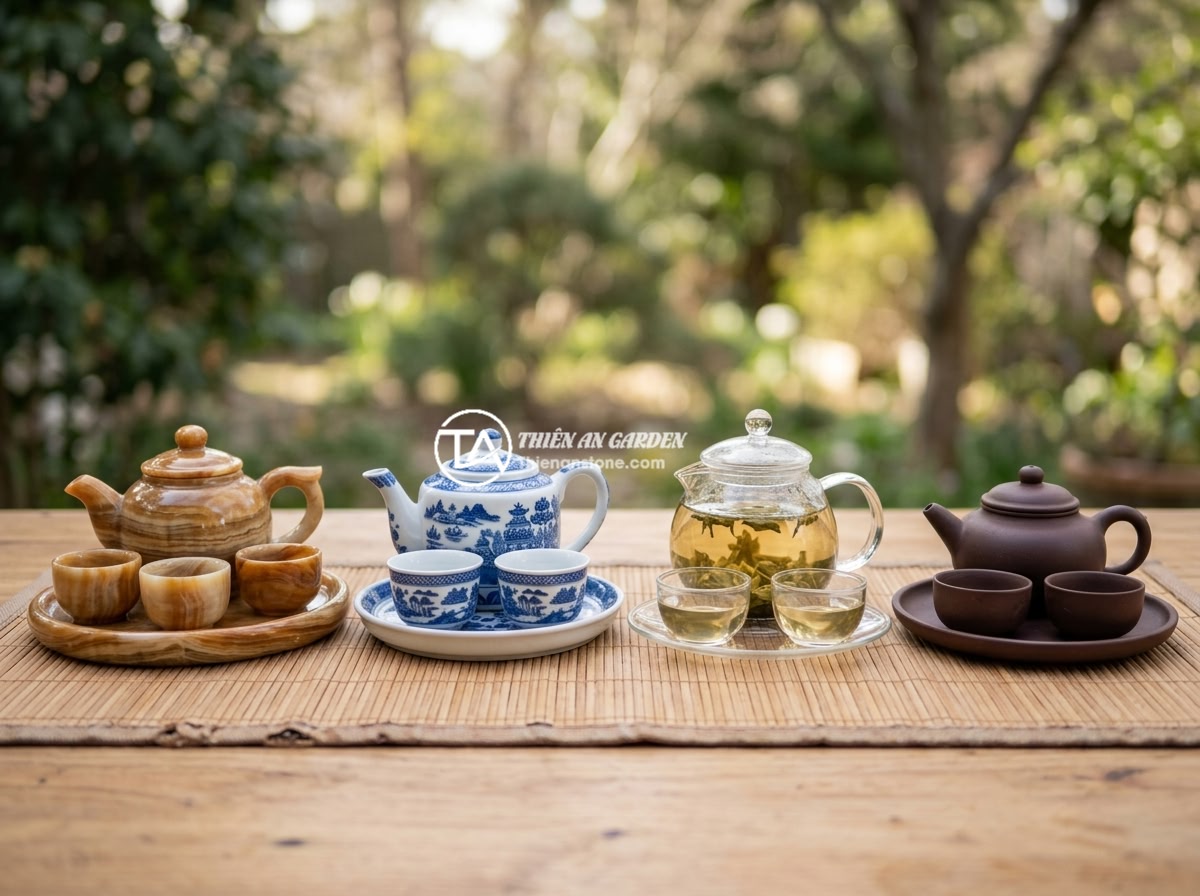 Bộ ấm chén đá quý tự nhiên - Tổng quan các loại đá và giá trị thẩm mỹ - A side-by-side comparison display of four different tea sets - natural jade ston