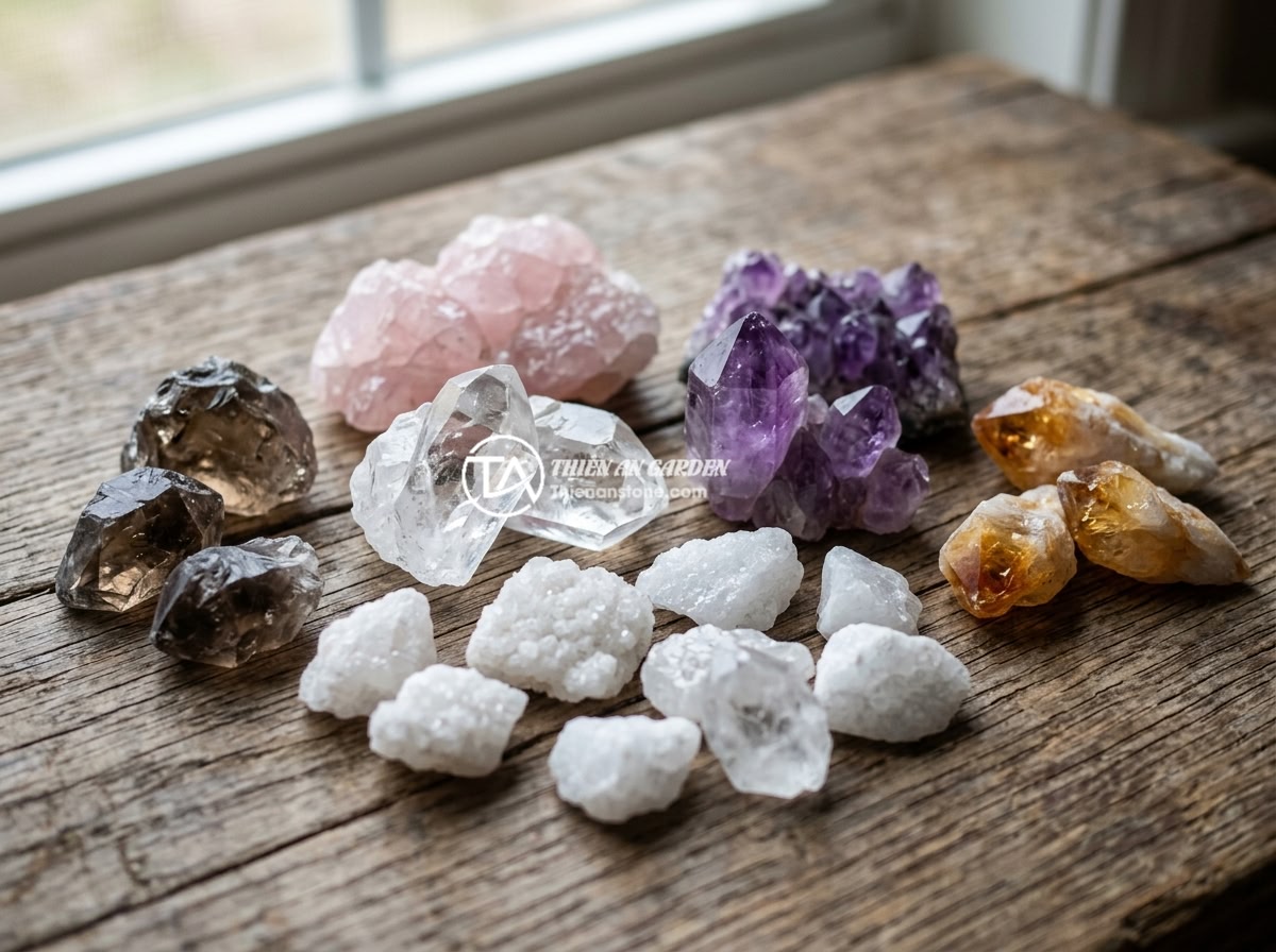 Bộ ấm chén đá thạch anh: Đặc tính, năng lượng tích cực và hướng dẫn chọn mua - A collection of various natural quartz stones including clear quartz, rose quart