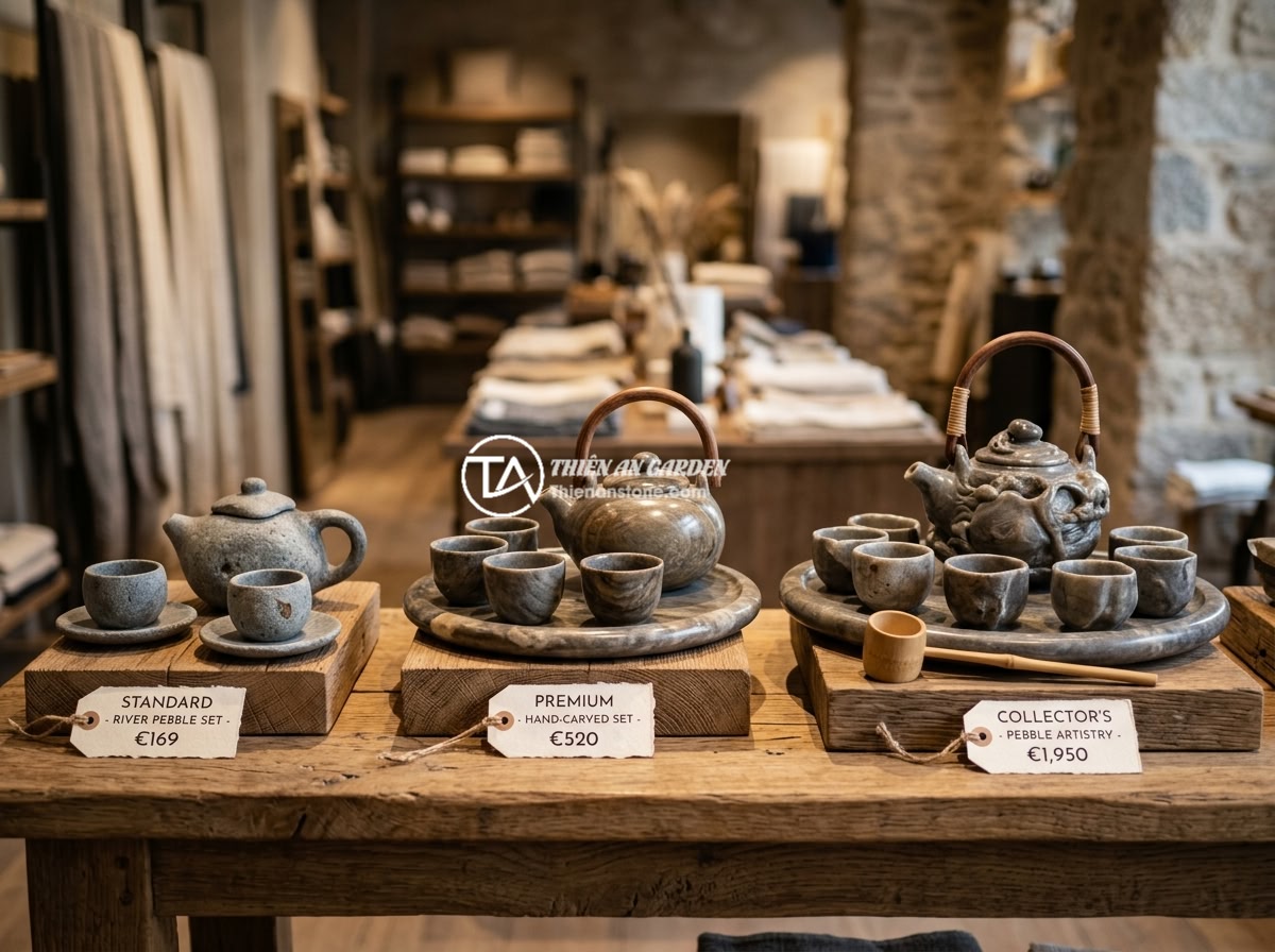Bộ ấm chén đá thạch anh: Đặc tính, năng lượng tích cực và hướng dẫn chọn mua - Hình 10 Bộ ấm chén đá thạch anh: Đặc tính, năng lượng tích cực và hướng dẫn chọn mua - A premium quartz stone tea set displayed in a high-end showroom with price tags,