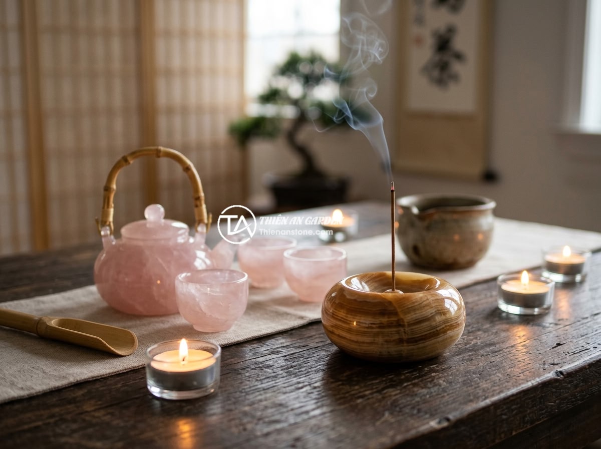 Bộ ấm chén đá thạch anh: Đặc tính, năng lượng tích cực và hướng dẫn chọn mua - Hình 3 Bộ ấm chén đá thạch anh: Đặc tính, năng lượng tích cực và hướng dẫn chọn mua - A zen-style tea ceremony setup with a rose quartz tea set placed on a dark woode
