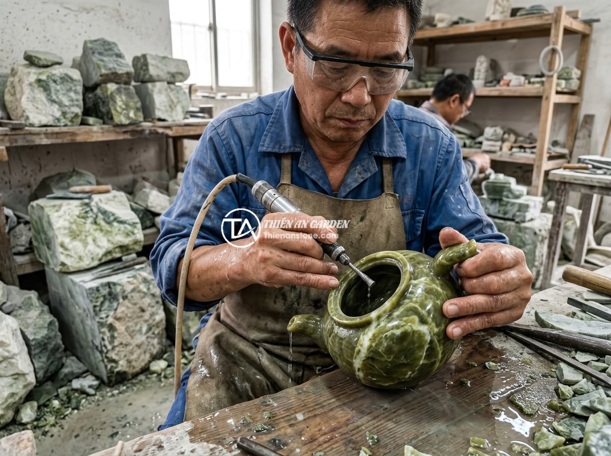 Bộ ấm chén đá thạch anh: Đặc tính, năng lượng tích cực và hướng dẫn chọn mua - Hình 4 Bộ ấm chén đá thạch anh: Đặc tính, năng lượng tích cực và hướng dẫn chọn mua - Artisan craftsman carefully drilling the interior of a quartz stone teapot using