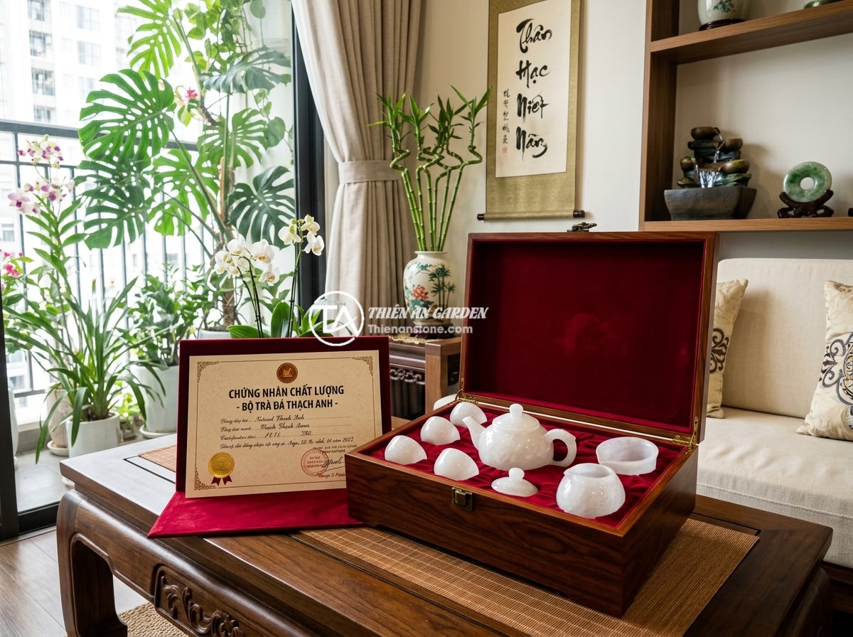 Bộ ấm chén đá thạch anh: Đặc tính, năng lượng tích cực và hướng dẫn chọn mua - Hình 9 Bộ ấm chén đá thạch anh: Đặc tính, năng lượng tích cực và hướng dẫn chọn mua - A beautifully packaged quartz stone tea set in a luxurious wooden gift box with