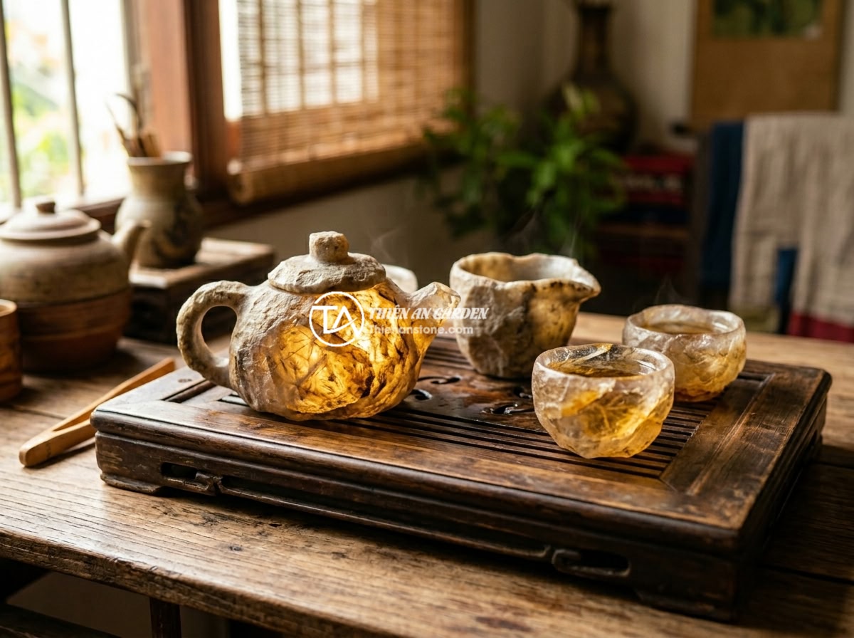 Bộ ấm chén đá thạch anh hợp mệnh nào? Hướng dẫn chọn theo phong thủy - Hình 1 Bộ ấm chén đá thạch anh hợp mệnh nào? Hướng dẫn chọn theo phong thủy - A luxurious quartz stone tea set placed on a traditional Vietnamese wooden tea t