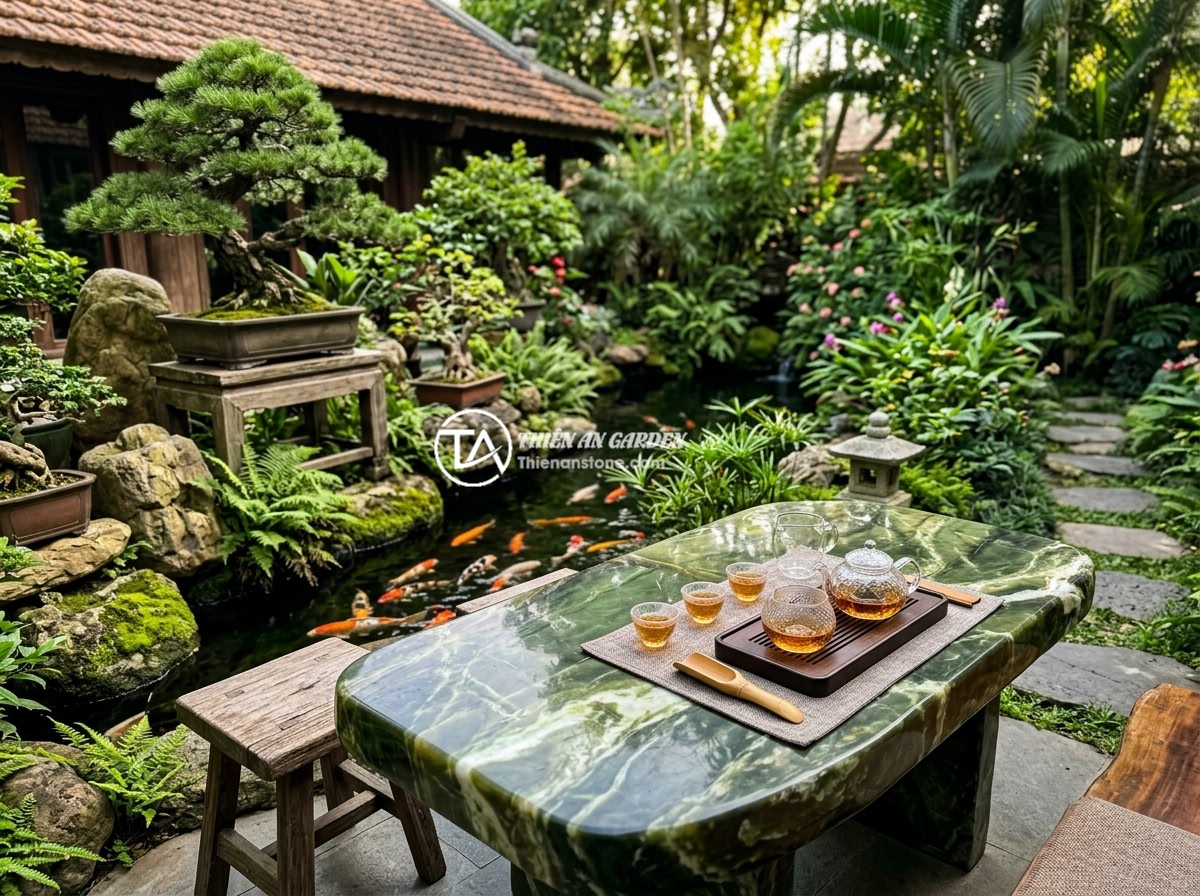 Bộ ấm chén đá thạch anh hợp mệnh nào? Hướng dẫn chọn theo phong thủy - Hình 11 Bộ ấm chén đá thạch anh hợp mệnh nào? Hướng dẫn chọn theo phong thủy - A beautiful outdoor tea ceremony corner in a Vietnamese luxury villa garden, fea
