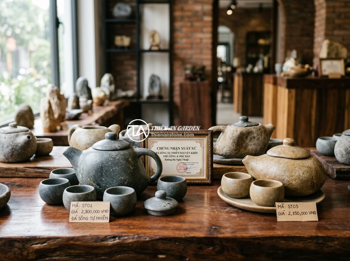 Bộ ấm chén đá thạch anh hợp mệnh nào? Hướng dẫn chọn theo phong thủy - Hình 13 Bộ ấm chén đá thạch anh hợp mệnh nào? Hướng dẫn chọn theo phong thủy - A high-end display of premium quartz stone tea sets in various colors and sizes