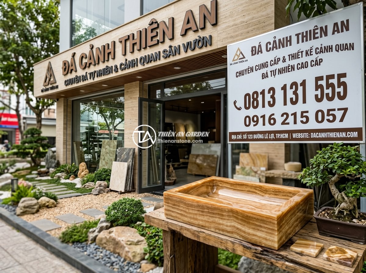 Bộ ấm chén đá thạch anh hợp mệnh nào? Hướng dẫn chọn theo phong thủy - Hình 14 Bộ ấm chén đá thạch anh hợp mệnh nào? Hướng dẫn chọn theo phong thủy - Đá Cảnh Thiên An showroom exterior and contact information banner with phone num