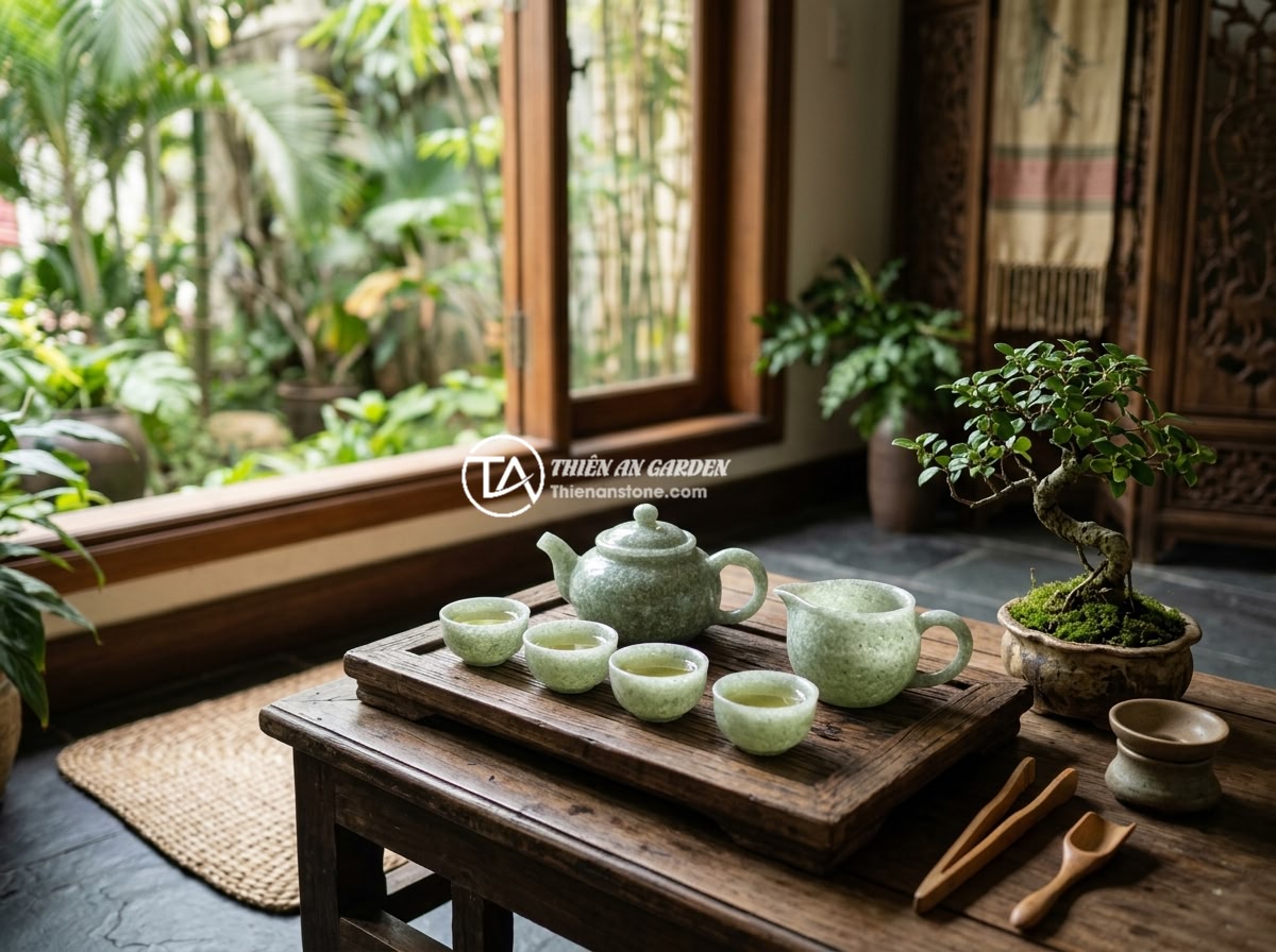 Bộ ấm chén đá thạch anh hợp mệnh nào? Hướng dẫn chọn theo phong thủy - Hình 4 Bộ ấm chén đá thạch anh hợp mệnh nào? Hướng dẫn chọn theo phong thủy - A green quartz stone tea set with natural green hue, arranged on an elegant dark