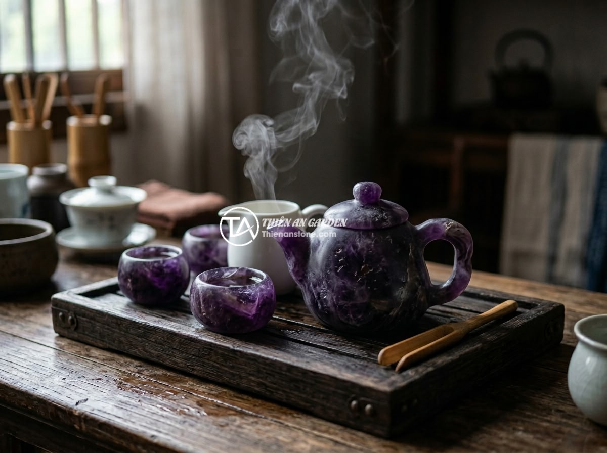 Bộ ấm chén đá thạch anh hợp mệnh nào? Hướng dẫn chọn theo phong thủy - Hình 5 Bộ ấm chén đá thạch anh hợp mệnh nào? Hướng dẫn chọn theo phong thủy - An amethyst purple quartz tea set with deep violet color and natural crystal pat
