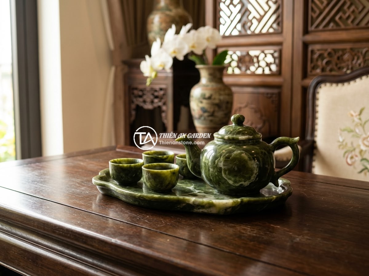 Bộ ấm chén đá thạch anh hợp mệnh nào? Hướng dẫn chọn theo phong thủy - Hình 7 Bộ ấm chén đá thạch anh hợp mệnh nào? Hướng dẫn chọn theo phong thủy - A golden yellow citrine quartz tea set with rich amber tones, placed in the cent