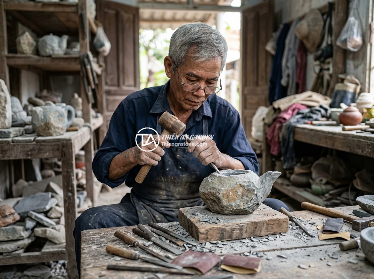 Bộ ấm chén đá thạch anh hợp mệnh nào? Hướng dẫn chọn theo phong thủy - Hình 9 Bộ ấm chén đá thạch anh hợp mệnh nào? Hướng dẫn chọn theo phong thủy - A craftsman carefully hand-carving and polishing a quartz stone teapot in a Viet
