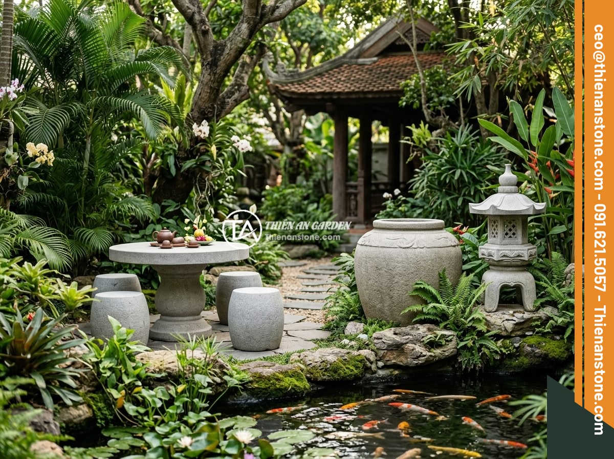Bộ sản phẩm đá phong thủy sân vườn: Chum đá kết hợp đèn đá và bàn ghế đá tự nhiên - Hình 1 Bộ sản phẩm đá phong thủy sân vườn: Chum đá kết hợp đèn đá và bàn ghế đá tự nhiên - A luxurious Vietnamese garden featuring a complete feng shui stone product set i