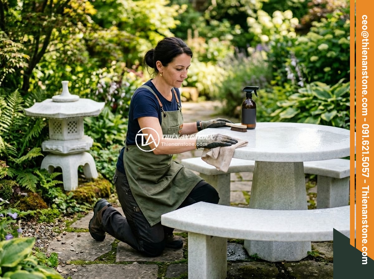 Bộ sản phẩm đá phong thủy sân vườn: Chum đá kết hợp đèn đá và bàn ghế đá tự nhiên - Hình 11 Bộ sản phẩm đá phong thủy sân vườn: Chum đá kết hợp đèn đá và bàn ghế đá tự nhiên - A gardener carefully cleaning and maintaining a natural stone table set and ston