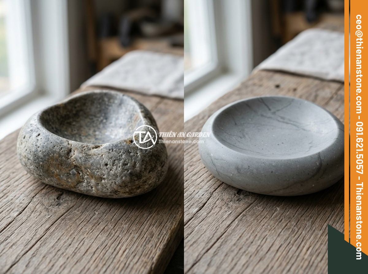 Bộ sản phẩm đá phong thủy sân vườn: Chum đá kết hợp đèn đá và bàn ghế đá tự nhiên - Hình 12 Bộ sản phẩm đá phong thủy sân vườn: Chum đá kết hợp đèn đá và bàn ghế đá tự nhiên - A comparison photo showing the difference between genuine natural stone and arti