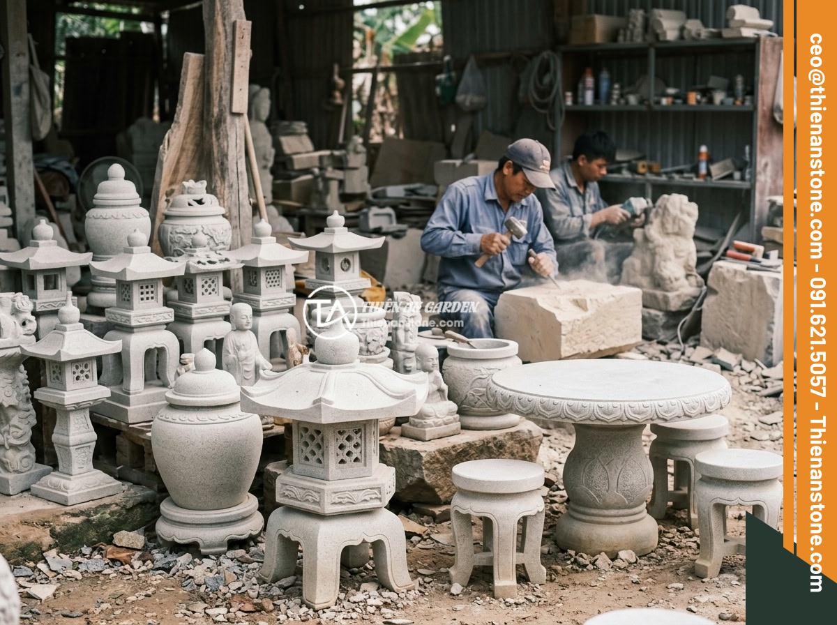 Bộ sản phẩm đá phong thủy sân vườn: Chum đá kết hợp đèn đá và bàn ghế đá tự nhiên - Hình 13 Bộ sản phẩm đá phong thủy sân vườn: Chum đá kết hợp đèn đá và bàn ghế đá tự nhiên - The showroom and workshop of Da Canh Thien An company displaying various feng sh